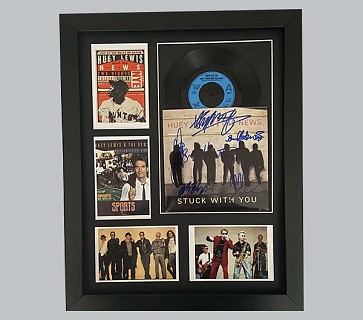 Huey Lewis & The News "Stuck With You" Signed 7" Record Sleeve + 7" Record, 2 Postcards & 2 Photos
